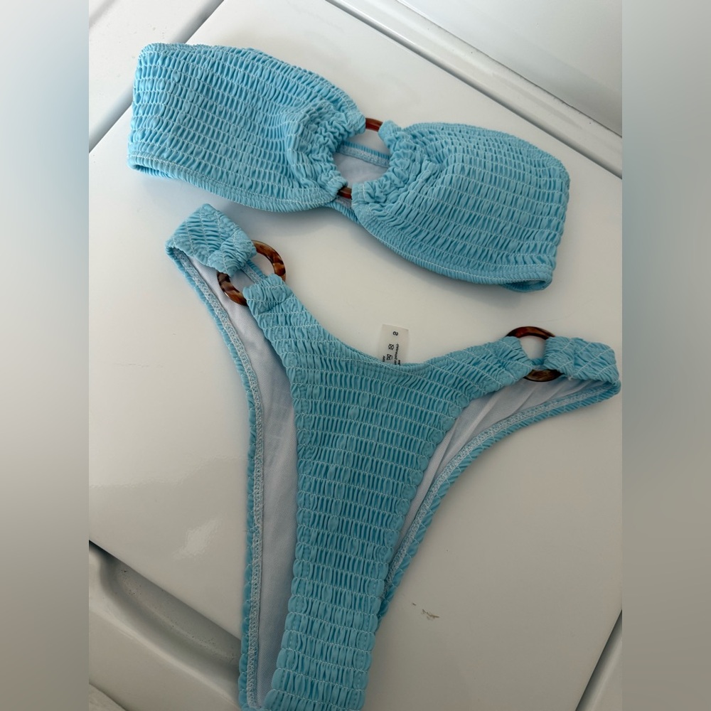 Shein Sky Blue Smocked Bikini Set with Tortoiseshell Rings